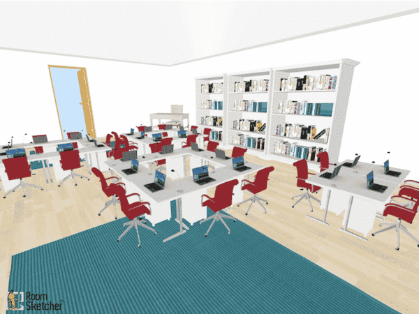 This classroom desk arrangement consists of three small groups that form an open box, along with one small group of four desks arranged in a box formation.  This type of seating would be ideal for small group work.