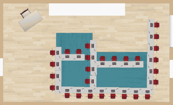 This is a nontraditional type of seating chart that has students facing multiple different directions.  It would be best suited for a class that did some independent work, and had a lot of movement in the classroom.