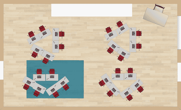 Triangular groups of three is nice for group discussions and projects.  This type of classroom desk arrangement would not be conducive to much lecturing as the students are all facing different directions and they may not get a full line of sight of the teacher.