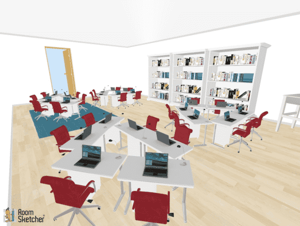 Triangular groups of three is nice for group discussions and projects.  This type of classroom desk arrangement would not be conducive to much lecturing as the students are all facing different directions and they may not get a full line of sight of the teacher.