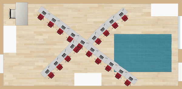 Straight lines that cross at a midpoint are the central theme of this seating arrangement.  It would be wonderful for an example of intersecting and perpendicular lines during a geometry math vocabulary unit!