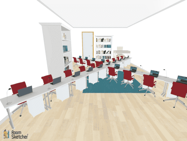 Straight lines that cross at a midpoint are the central theme of this seating arrangement.  It would be wonderful for an example of intersecting and perpendicular lines during a geometry math vocabulary unit!